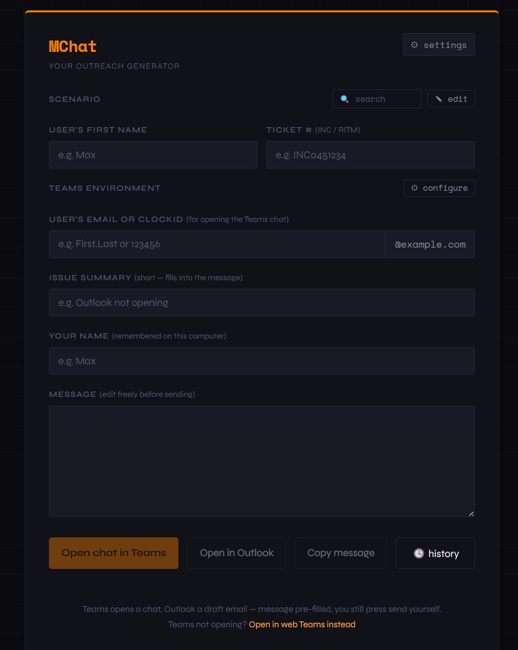 MChat Interface — Outreach Message Generator for Teams & Outlook